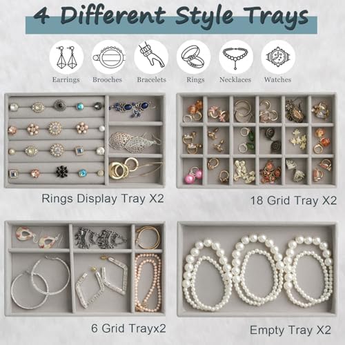 8 Set Jewelry Organizer for Drawer Velvet Jewelry Trays, Jewelry Trays for Drawers Easy To Store Your Jewelry Storage Display Tray for Earring Necklace Rings Bracelet (Grey) - Image 3