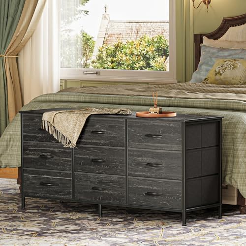 Huuger 9 Drawer Dresser, 47 Inch TV Stand for 50, 55 Inch TV, Entertainment Center with Drawers, Fabric Dresser Chest of Drawer for Bedroom, Closet, Charcoal Black Wood Grain Print - Image 4