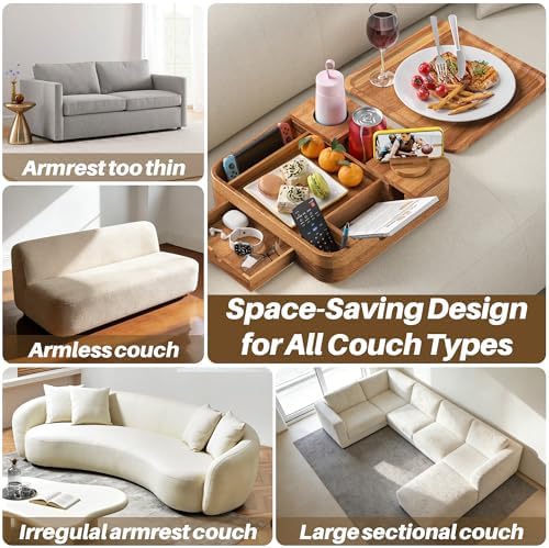 Couch Cup Holder 2-Tier Acacia Wooden Trays with Drawer 12.5 * 12.5 in - Image 7