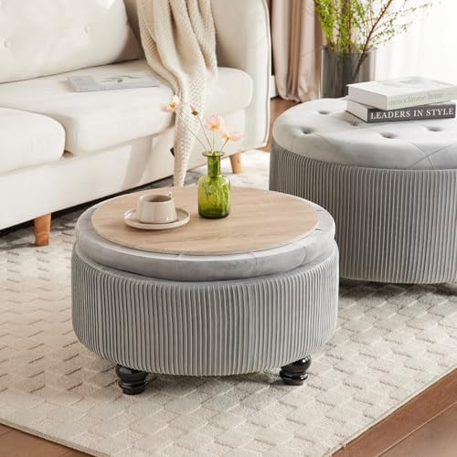 29'' & 24.5'' Round Storage Ottoman Coffee Table Set of 2, Light Gray - Image 4