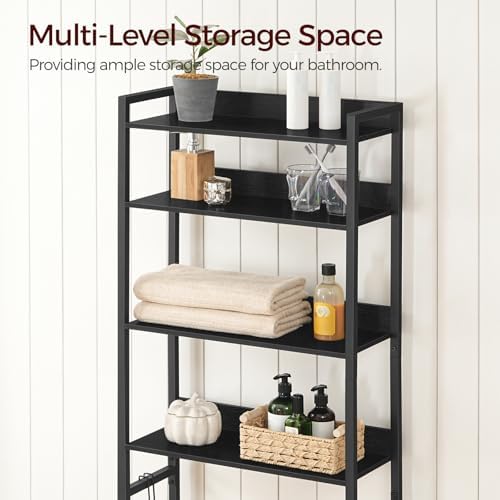 MAHANCRIS Over The Toilet Storage Rack, 4 Tier Bathroom Organizer Over Toilet, Freestanding Space Saver Toilet Stand with 2 Hooks, Bathroom Storage Shelf, Easy to Assemble, Black TSHB0401 - Image 3