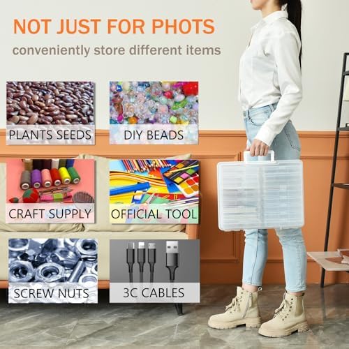 ALINK Photo Storage Box with Handle, 4" x 6" Photo Case Craft Keeper Organizer Container with 16 Inner Case and Label for Pictures, Arts, Crafts, Sewing, Stickers, Office Supplies - Clear - Image 4