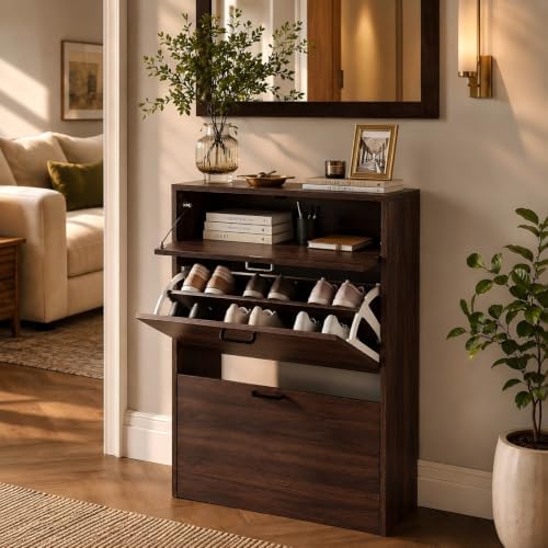 VINGLI Shoe Cabinet Storage for Entryway,Walnut Narrow Wood Shoe Rack,25" W by VINGLI
