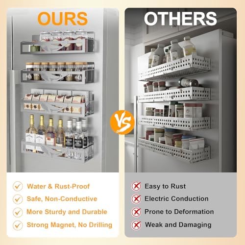 Magnetic Spice Rack for Refrigerator, 4 Pack Metal Magnetic Shelf Organizer for Fridge Side, Strong Spice Storage Rack for Kitchen, Gray - Image 4