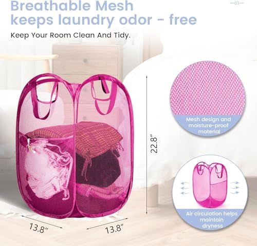 HOUSE AGAIN 2 Pcs Pop Up Laundry Hamper, Strong Mesh Laundry Baskets Collapsible, Hamper with Handles and Side Pocket, Portable Foldable Dirty Clothes for Dorm, Laundry room and Travel Storage, Pink - Image 4