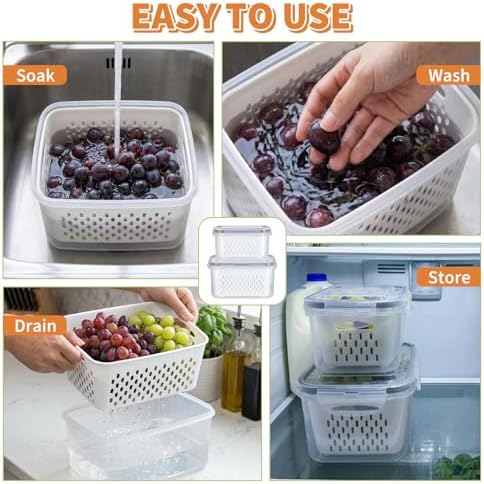 Fruit Storage Containers for Fridge, Grape Containers with Built-In Drain Basket, 2-Pack No-Leak Design, Saves Space, Durable and Easy to Clean, Easy Grab Handle, Keeps Grapes and Berries Fresh - Image 5