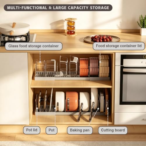 Magheo Pots and Pans Organizer Under Cabinet, Expandable 12.6"-22.8" Kitchen Cabinet Organizer Holder with 10 Adjustable Dividers for Food Storage Container Lid, Cookie Sheet, Cookware(1 Pack, Gray) - Image 3