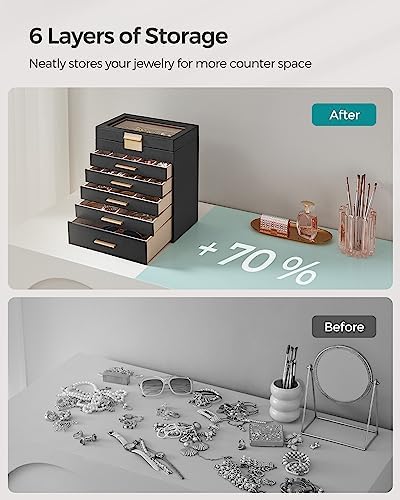SONGMICS Jewelry Box Organizer, 6-Layer Storage with 5 Drawers, Glass Lid - Image 6