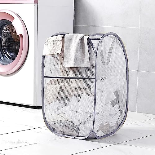Larpur Popup Mesh Laundry Basket, Collapsible Laundry Hamper Portable Clothes Washing Laundry Hamper with Reinforced Carry Handles for Home, Dormitories, Travel, Apartments (Grey) - Image 3