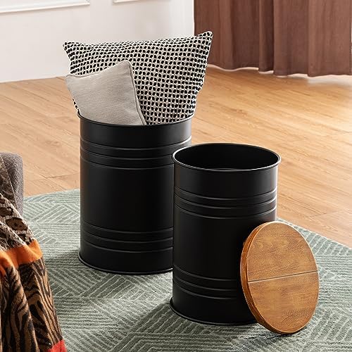 Glitzhome Rustic End Table Set of 2, Farmhouse Galvanized Metal Barrel Ottoman Storage Stool with Round Wood Lid for Living Room Furniture, Black - Image 6