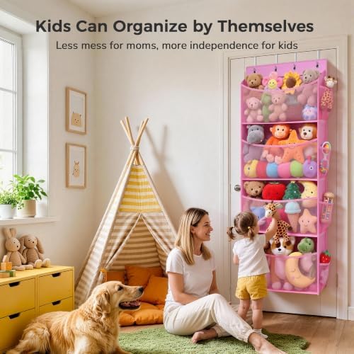 Over Door Stuffed Animal Storage Organizer Large Plush Toy Holder with Mesh Window Pink - Image 5