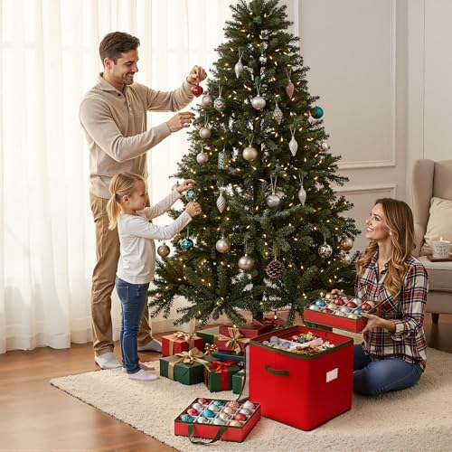 Christmas Ornament Storage Box, Clear Ornament Storage Include 4 Trays with Adjustable Dividers, Ornament Organizer with Handle Store Up to 64 Holiday Ornaments, Clear Top - Image 3