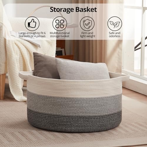 OIAHOMY 90L Extra Large Blanket Basket - Decorative Cotton Rope Storage Basket for Bedroom, Living Room & Nursery - Woven Laundry Hamper for Organizing Blankets, Clothes & Toys - Gradient Grey - Image 6