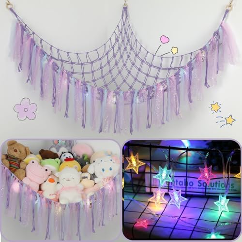 Stuffed Animal Hammock with LED Lights - 59 Inch Large Toy Storage Net for Kids Bedroom, Wall-Mounted Plush Organizer with Wooden Rings, Nursery Decor (Handwoven, Purple) by yelienm