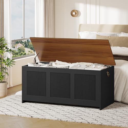 HOOBRO Storage Bench, 43.3" Retro Wooden Storage Chest, Wooden Storage Trunk, Toy Chest with Lift Top, Multifunctional Entryway Organizer, for Entryway, Living Room, Black and Walnut BH411CW01G1 - Image 2