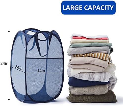 TECHMILLY Collapsible Mesh Pop Up Laundry Hamper with Sturdy Handles and Side Pocket - Portable Foldable Clothes Baskets for Dorm, Bathroom & Travel Storage (Blue, 3 Packs) - Image 4