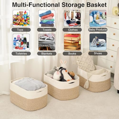 ICERZCZ Large Storage Baskets for Organizing Shelves, Woven Cotton Rope Bins for Baby Nursery Organization, Book Toy Towel Organizer, 17"x13"x9.5", 3 Packs, Off White & Brown - Image 4