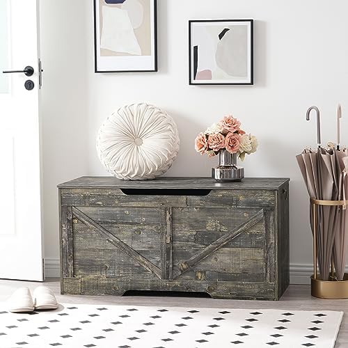 HOOBRO Storage Bench, 39.4” Retro Wooden Storage Chest with U-Shaped Cut-Out Pull, Safety Hinge, Supports 330 lb and Easy Assembly for Toy Box Organizer (Vintage Gray) VP771CW01G1 - Image 3