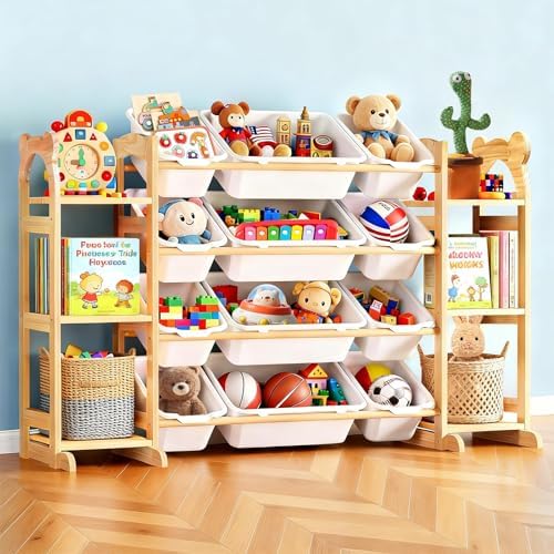 Toy Storage Organizer with 6 Shelves and 12 Bins, Toy Organizers and Storage Shelf with Bookshelf and Bookcase, Toys Box for Kids Room & Playroom & Bedroom & Nursery by Unknown