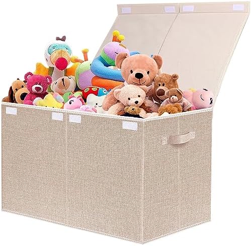 Large Toy Box Chest Storage with Lid - Collapsible Kids Toys Boxes Organizer Bins Baskets with Handles for Boys, Girls, Nursery, Playroom, Clothes, Blanket, Bedroom(Beige) by VERONLY