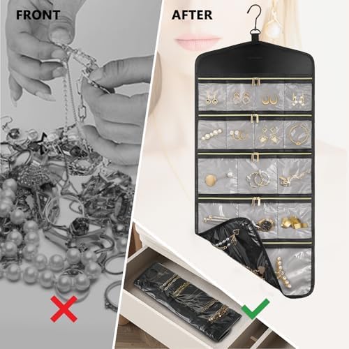 CHICECO Travel Jewelry Holder Organizer,Hanging Jewelry Organizer Storage with Zippered Pockets for Cloest,Jewelry Holder for Earrings, Necklaces (Grey Black) - Image 4