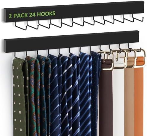 2 Pack Tie Hanger Wall Mounted, Wooden Tie Rack Belt Hanger with 24 Non Slip 180° Rotating Hooks, Belt Organizer Space Saving Tie Hanger for Closet, Tie Holder & Tie Organizer, Black by OMHOMETY