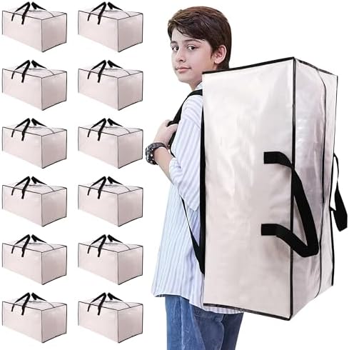 NATURELUX Heavy Duty Moving Bags with Backpack Straps and Strong Handles, Alternative to Moving Boxes and Storage Totes for Dorm Room Essentials, 12 Pack, Clear by NATURELUX
