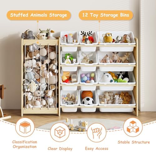 EXPERLAM Kids Toy Storage Organizer, 2-in-1 Stuffed Animal Storage & Toy Organizer w/12 Bins, Solid Wood Toy Rack Featuring Thicker Elastic Ropes to Hold Toys, Playroom Nursery Bedroom Storage, White - Image 5