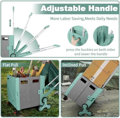 76L Folding Utility Cart Portable Rolling Crate Handcart Shopping Collapsible Tool Box with Stair Climbing Wheels,Hidden Lid,2 Rotate Wheels,for Grocery,Shopping,Office,Storage(Green) - Image 4