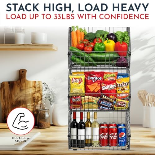 3x Stackable Hanging and Counter Baskets, Hanging Fruit Baskets for Kitchen - Image 4