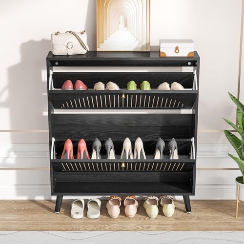Fsbecl Shoe Storage Cabinet for Entryway with 2 Fluted Flip Drawers, Black - Image 3