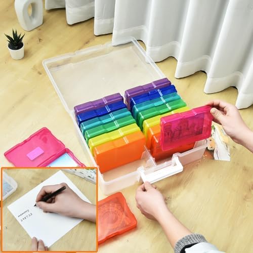 ALINK Photo Storage Box with Handle, 4" x 6" Photo Organizer Storage Container with 16 Inner Case and 1 Sheet Blank Labels for Pictures, Arts, Crafts, Sewing, Seeds, Office Supplies - Colored - Image 3
