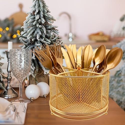DysanVica 360° Rotating Metal Utensil Caddy - 4 Compartment Silverware Cutlery Holder Rotation Fork Spoon Napkin Organizer Flatware Storage Basket Party Countertop Buffet Picnic Camping Outdoor Gold - Image 4