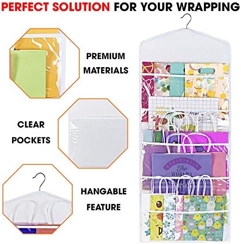 Gift Bag and Tissue Paper Storage, Hanging Organizer with Multiple Front and Back Pockets Double Sided, Organize Gift Wrap and Paper Bags 38 x 16 Inch (White) - Image 3