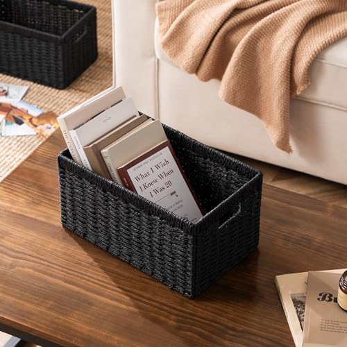 UBBCARE 3 Pack Wicker Basket, 13.4L×8.3H×7.1W inch Woven Paper Rope Storage Baskets for Shelves, Foldable Rectangular Storage Baskets with Handle, Storage Basket for Organizing, Black - Image 5