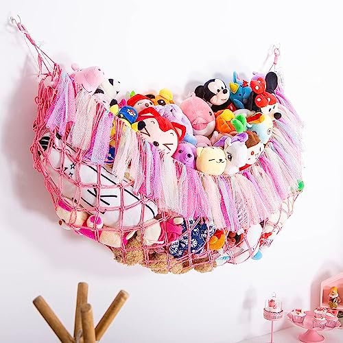 Jumbo Toy Hammock for Stuffed Animal Net Boho Macrame Toy Hammock with Led Light Stuffed Animal Storage Ideas Plush Toy Display Squishmallow Holder Net-Pink - Image 2