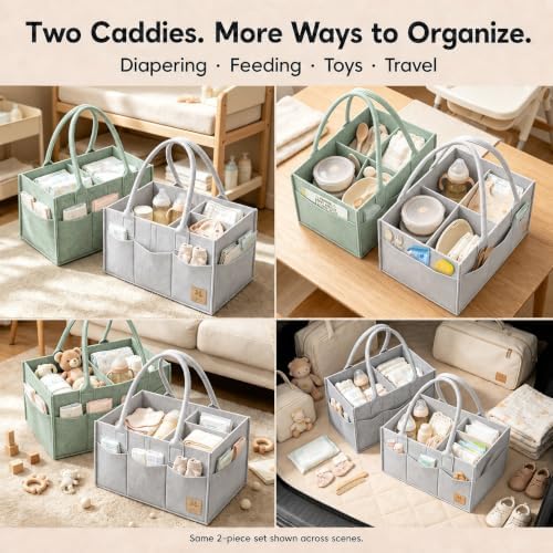 HIPHOP PANDA 2-Pack Diaper Caddy Organizer - Nursery Storage Bin & Car Organizer for Diapers, Wipes, and Baby Essentials - Dual-Color Solid Set (Grey/Green), Regular Size - Image 7
