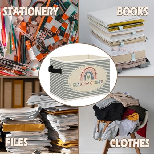 Boho Rainbow Reading Corner Foldable Storage Bins Box with Handles, Book Lovers Gifts Collapsible Toys Books Clothes Organizer Basket for Kids Nursery Reading Room Bedroom Classroom - Image 6