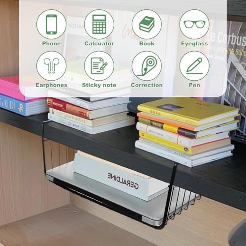 6 Pcs Undershelf Storage Basket Under Shelf Wire Basket Household Metal Under Shelf Hanging Storage Bin Basket Slides Under Shelves for Kitchen Pantry Bookshelf - 14.2" D x 9.1" W x 5.5" H, Black - Image 4