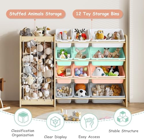 EXPERLAM Kids Toy Storage Organizer, 2-in-1 Stuffed Animal Storage & Toy Organizer w/12 Bins, Solid Wood Toy Rack Featuring Thicker Elastic Ropes to Hold Toys, Playroom Nursery Bedroom Storage, Multi - Image 4