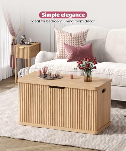 Akxomel 29.5" Fluted Storage Chest Wooden Storage Trunk 2 Safety Hinges Oak - Image 4