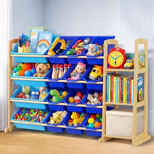 Kids Toy Storage Organizer with Bookshelf – Wooden Shelf with 16 Bins & 3 Shelves, Quick Assembly Storage Rack for Playroom, Bedroom, Nursery - Blue by KidsToyStorageOrganizer