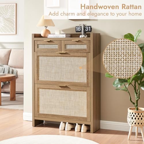 HOKYHOKY Rattan Shoe Storage Cabinet with 2 Drawers & 2 Flip Drawers - Image 3