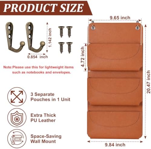 3-Pocket PU Leather Mail Holder Wall Mount Brown Wall File Hanging Organizer 9.65×4.72×1.38 Inch Wall Letter Holder Wall Mail Organizer with 2 Hook for Decor Storage Letter Key Office Home - Image 2