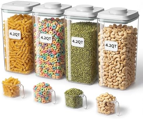 Large Pop Airtight Food Storage Containers Set with Lids 4.2Qt/4L Food Containers with Scoop, Kitchen Pantry Organization and Storage, BPA Free Stackable Cereal Container (4 * 4.2Qt) by Unknown