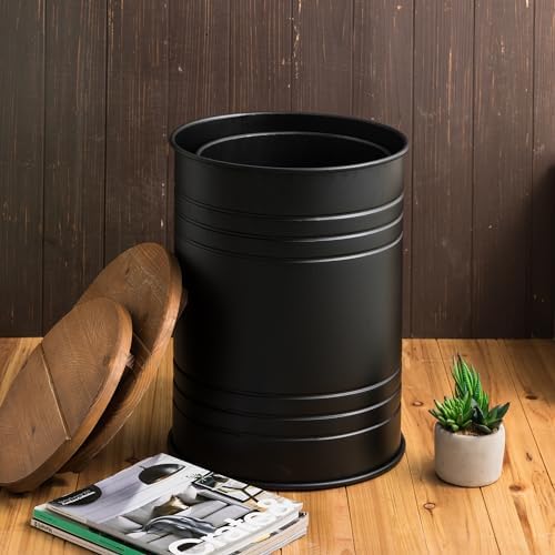 Glitzhome Rustic End Table Set of 2, Farmhouse Galvanized Metal Barrel Ottoman Storage Stool with Round Wood Lid for Living Room Furniture, Black - Image 2