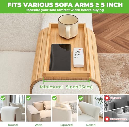 LOVYANXUE Bamboo Sofa Arm Tray, Anti Falling Couch Arm Tray Table, Foldable Couch Armrest Table, Portable Sofa Armrest Trays Cup Holder for Drink, Cups, Phone, Snacks, Remote - Image 5