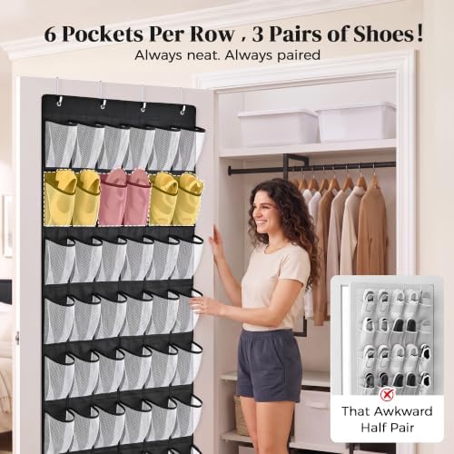 48 Pockets Over the Door Shoe Organizer, 1 Pack, 6-Column Heavy Duty Shoe Storage for Sneakers and Heels, Color Block Mesh Hanging Rack for Entryway or Bedroom, Black with White Accents - Image 3