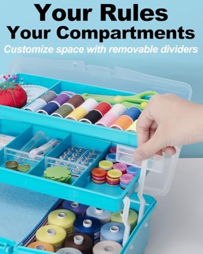 TERGOO 12in 3-Layer Plastic Craft Organizers and Storage, Portable Folding Tackle Box with Handle & Adjustable Dividers, Multipurpose Case for Sewing, Art Supplies, Medicine, Tools (Blue) - Image 4