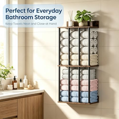 Wall Mounted Towel Rack, Wood & Metal Towel Holder for Bathroom Wall - Image 5